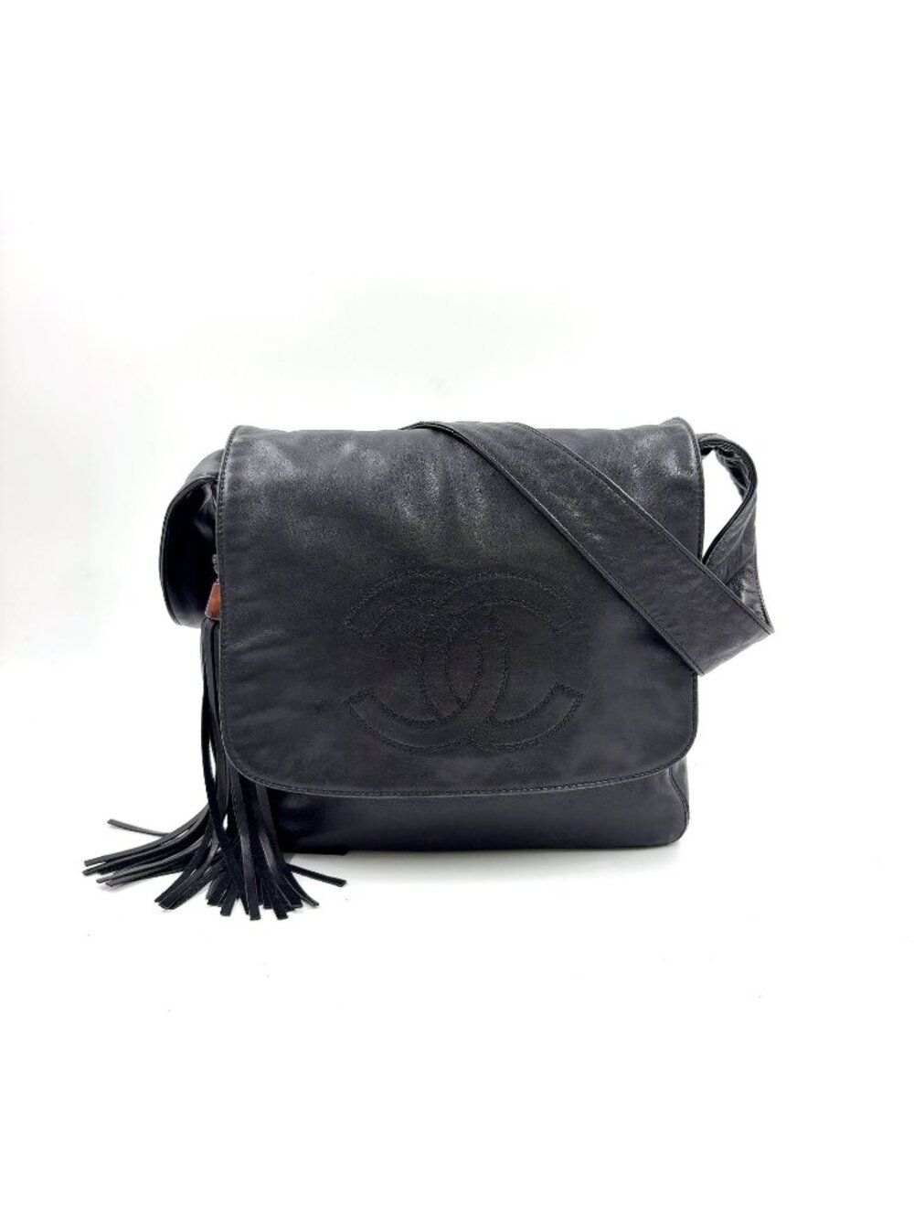 Chanel CC Logo Fringe Tassel Leather Black Shoulder Bag Gold